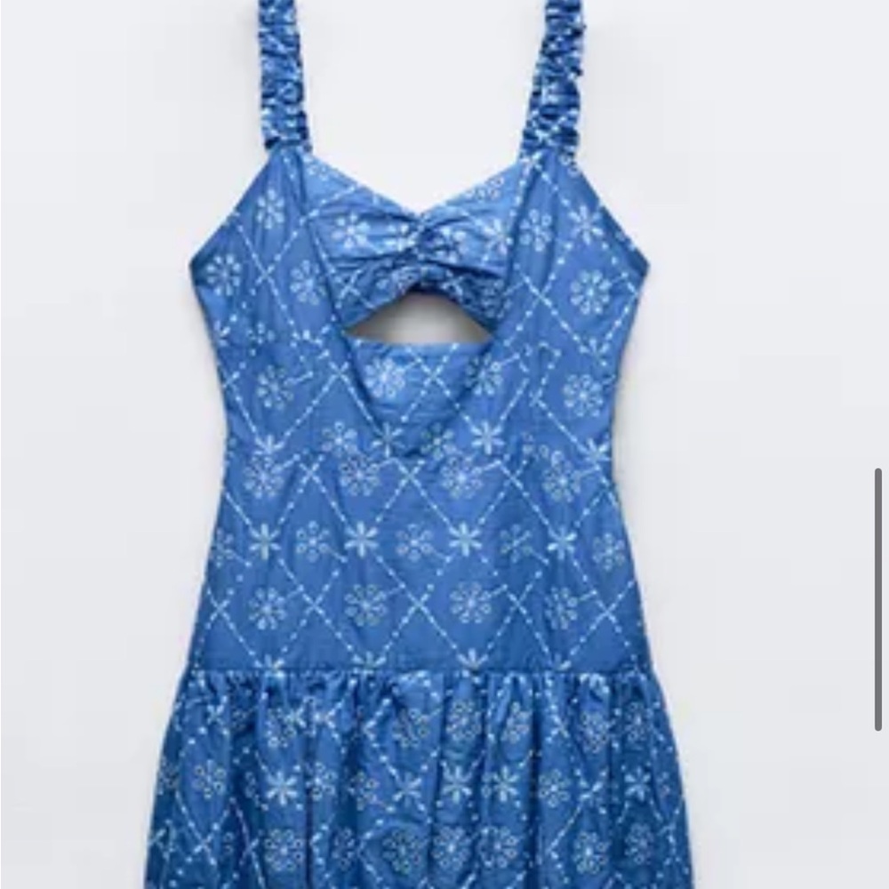Blue Embroidered  Floral Cutout Dress with Bubble Skirt